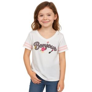 Justice‎ T-Shirt Girls 10 Pink Graphic Bonjour V-Neck Short Sleeve Floral Stripe